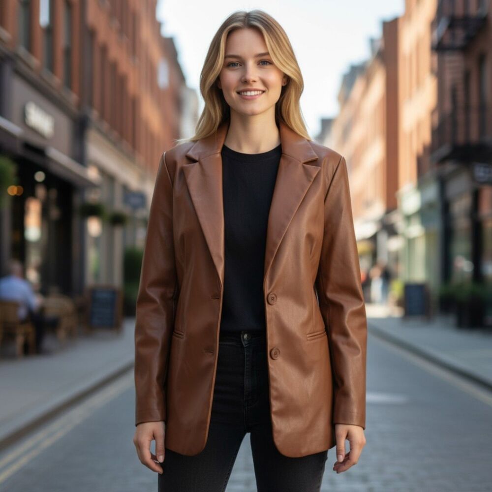 Rebecca Minkoff Blazer Faux Leather Oversized Jacket Cognac Brown Size M NWT